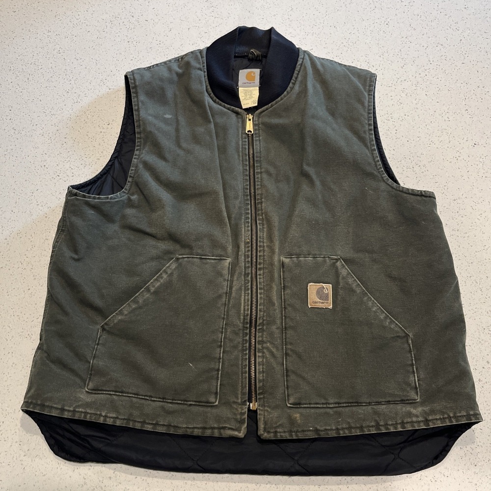 Vintage CARHARTT Vest Green Faded Distressed Quilted‎ Lined Size 2XL TALL V02MOS